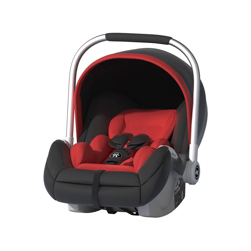 Siège auto bébé 3-en-1 rouge et noir, équipé d’un harnais sécurisé et d’une base ergonomique.